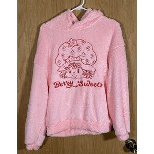 X-Shein Strawberry Shortcake Pink Fuzzy Hoodie Embroidered Berry Sweet M/L NWT